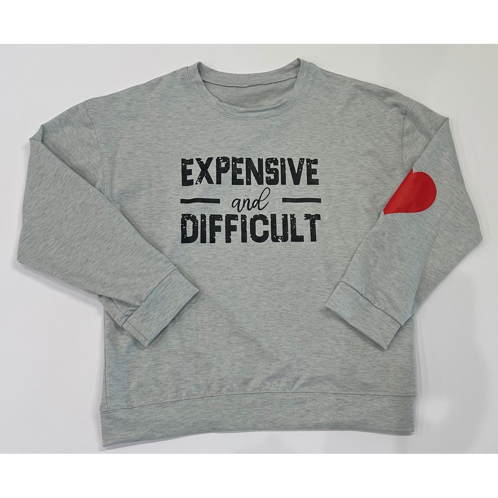 Expensive and Difficult Graphic Sweatshirt Gray Heart Sleeve Pullover Large